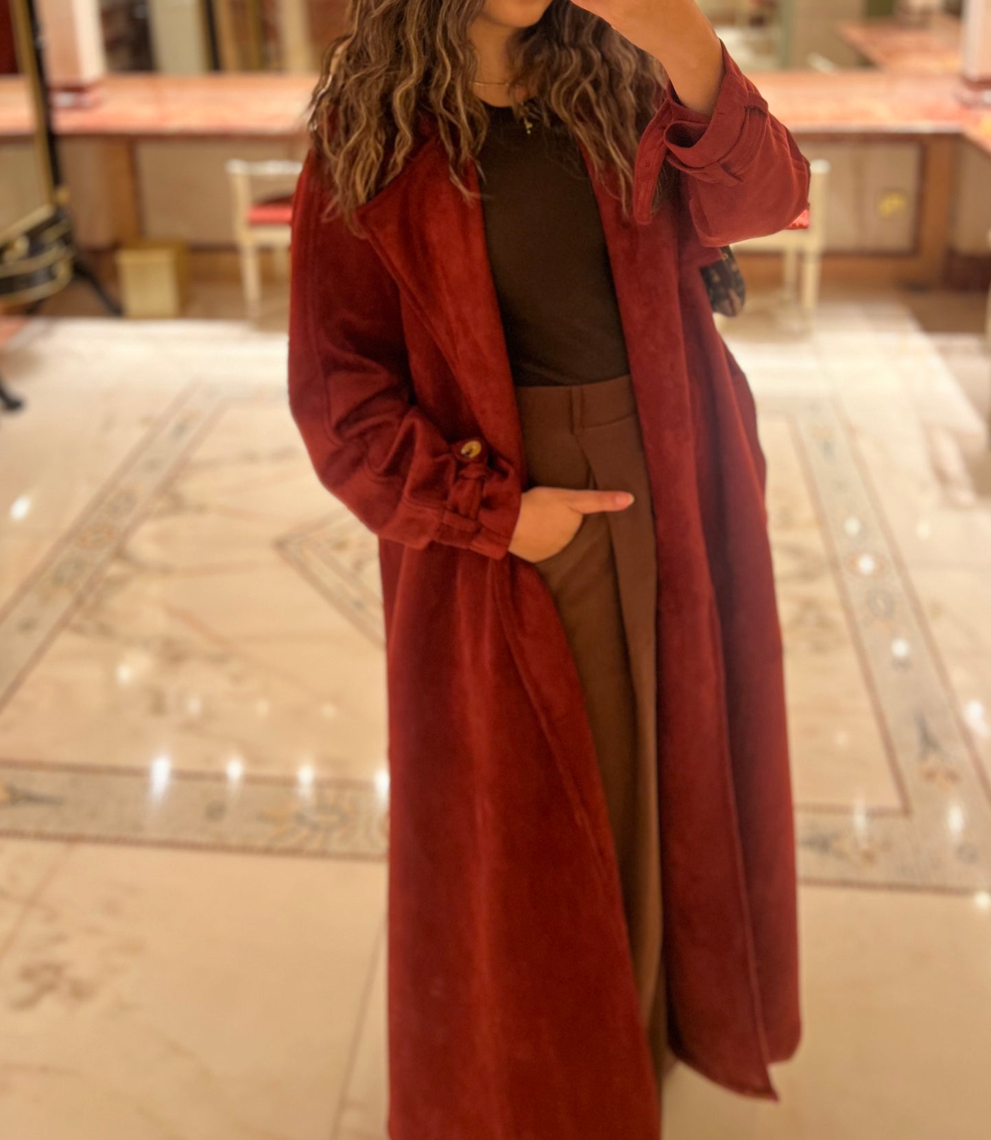 Cherry suede trench coat